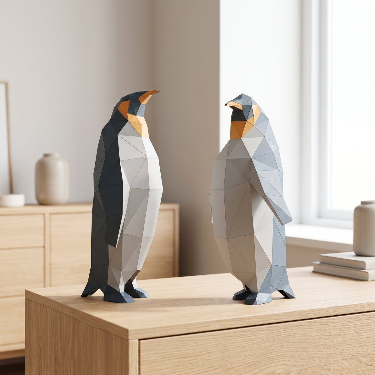Paper Penguin model on a table by the window