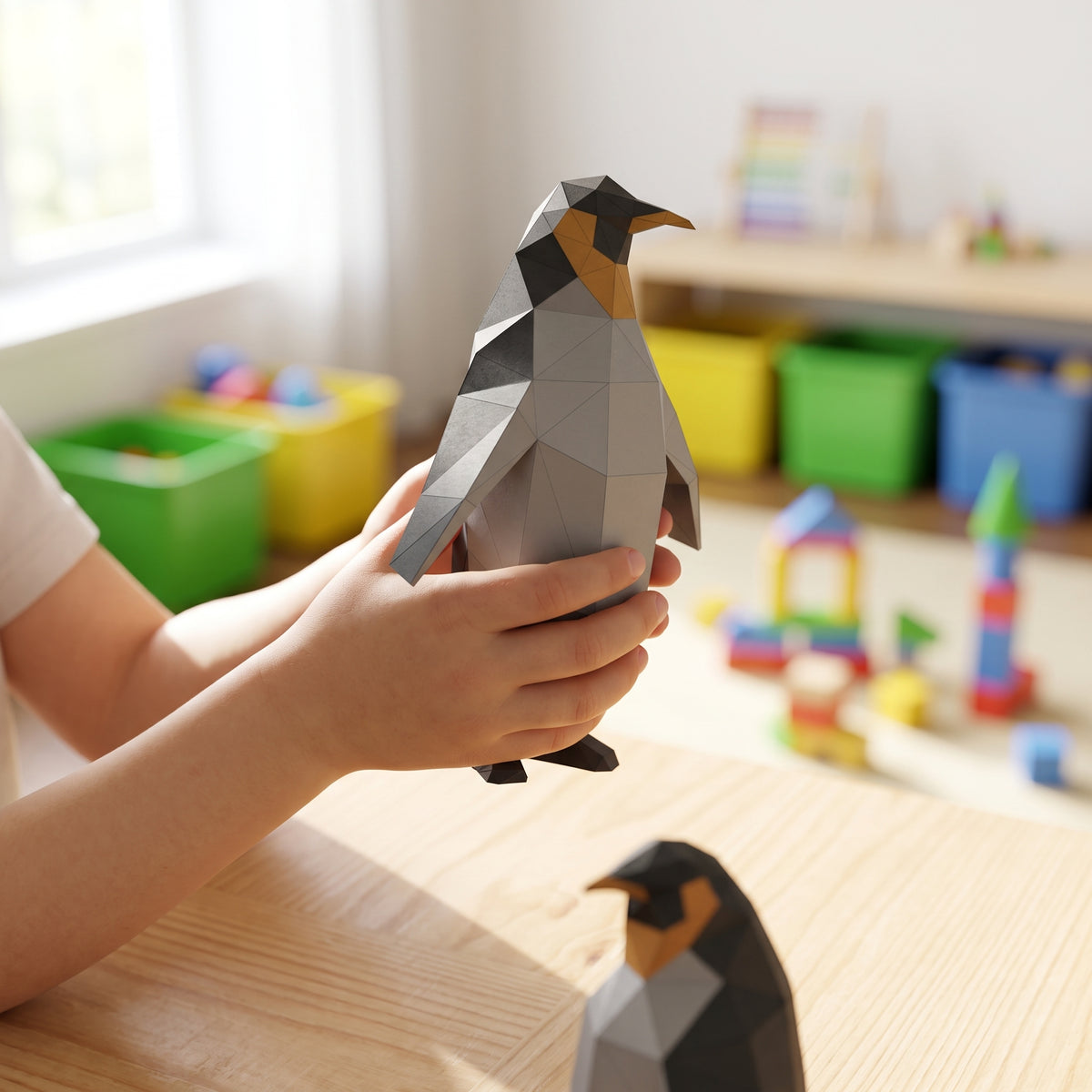 Paper Penguin model in a child's hands