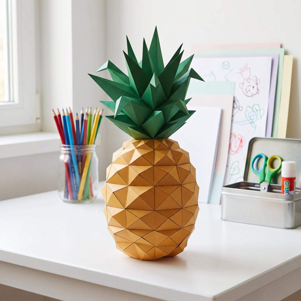 Paper Pineapple model in a kids' craft corner