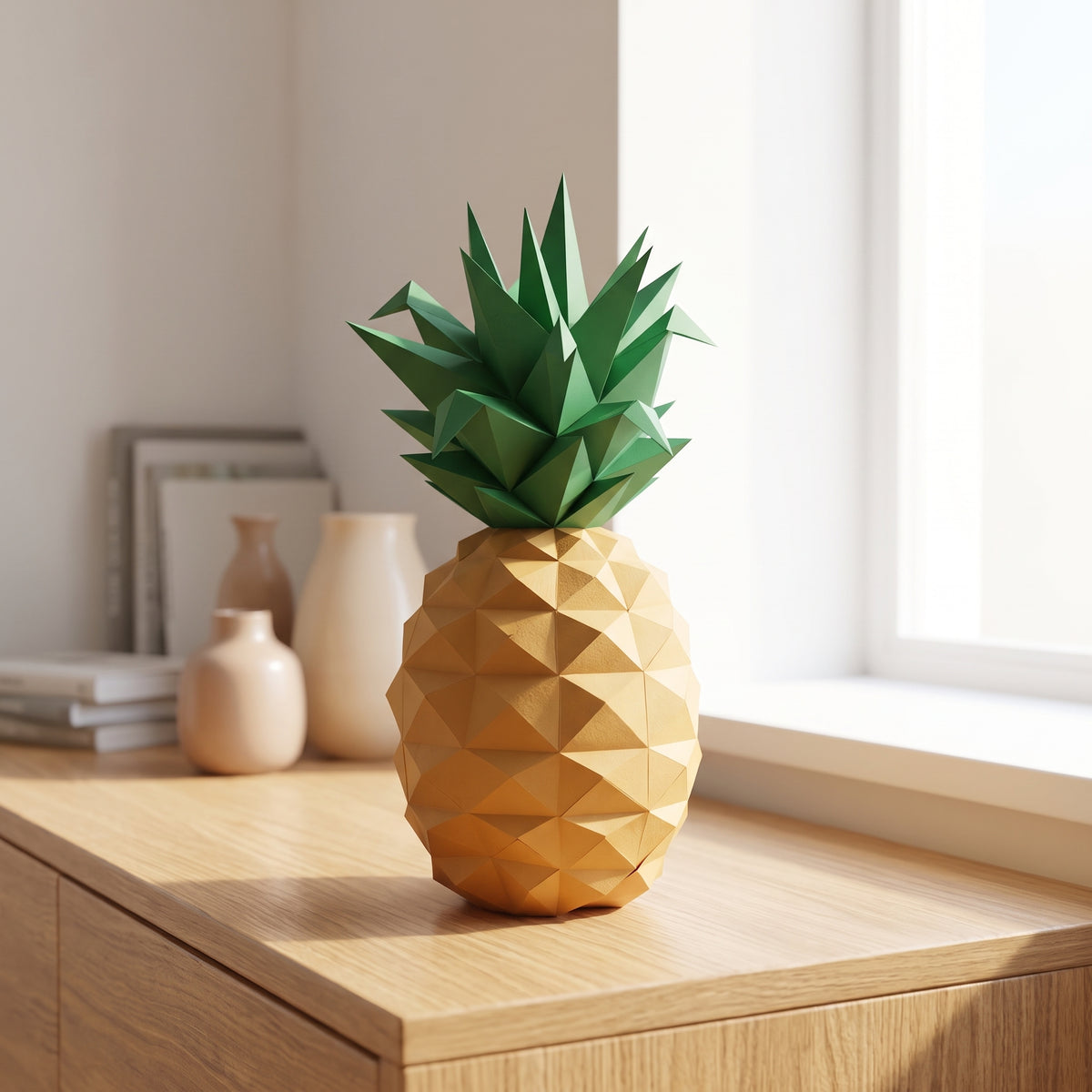 Paper Pineapple model on a table by the window
