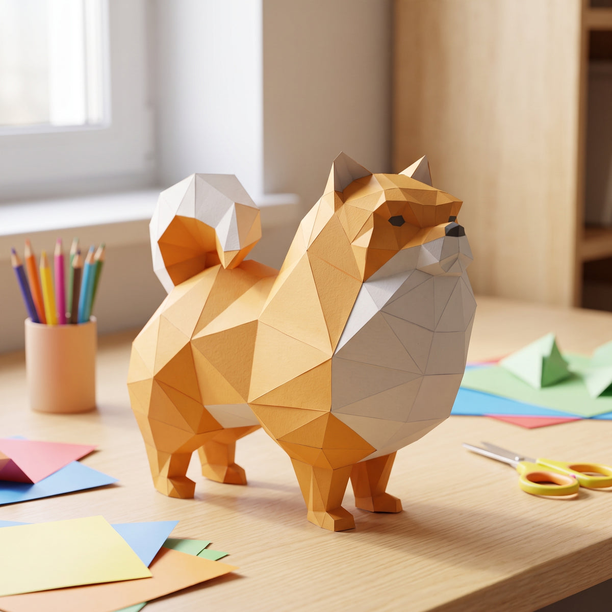 Paper Pomeranian model in a kids' craft corner