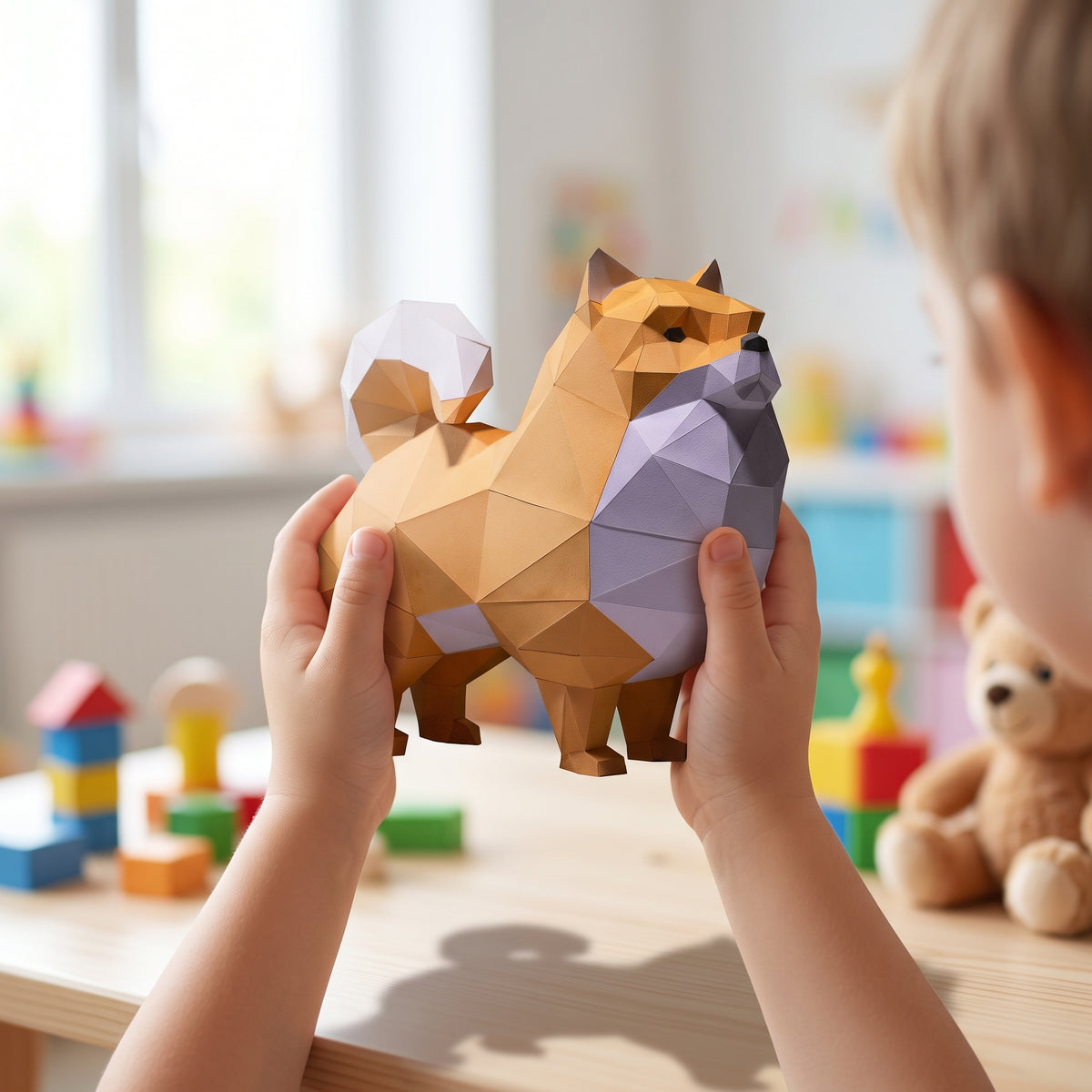Paper Pomeranian model in a child's hands