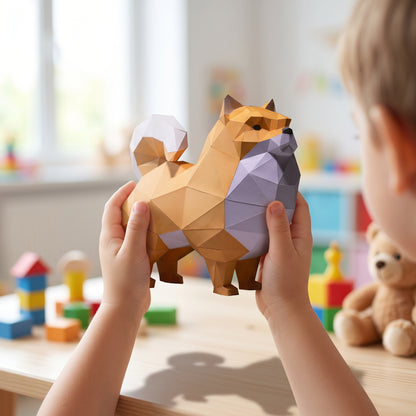 Paper Pomeranian model in a child's hands