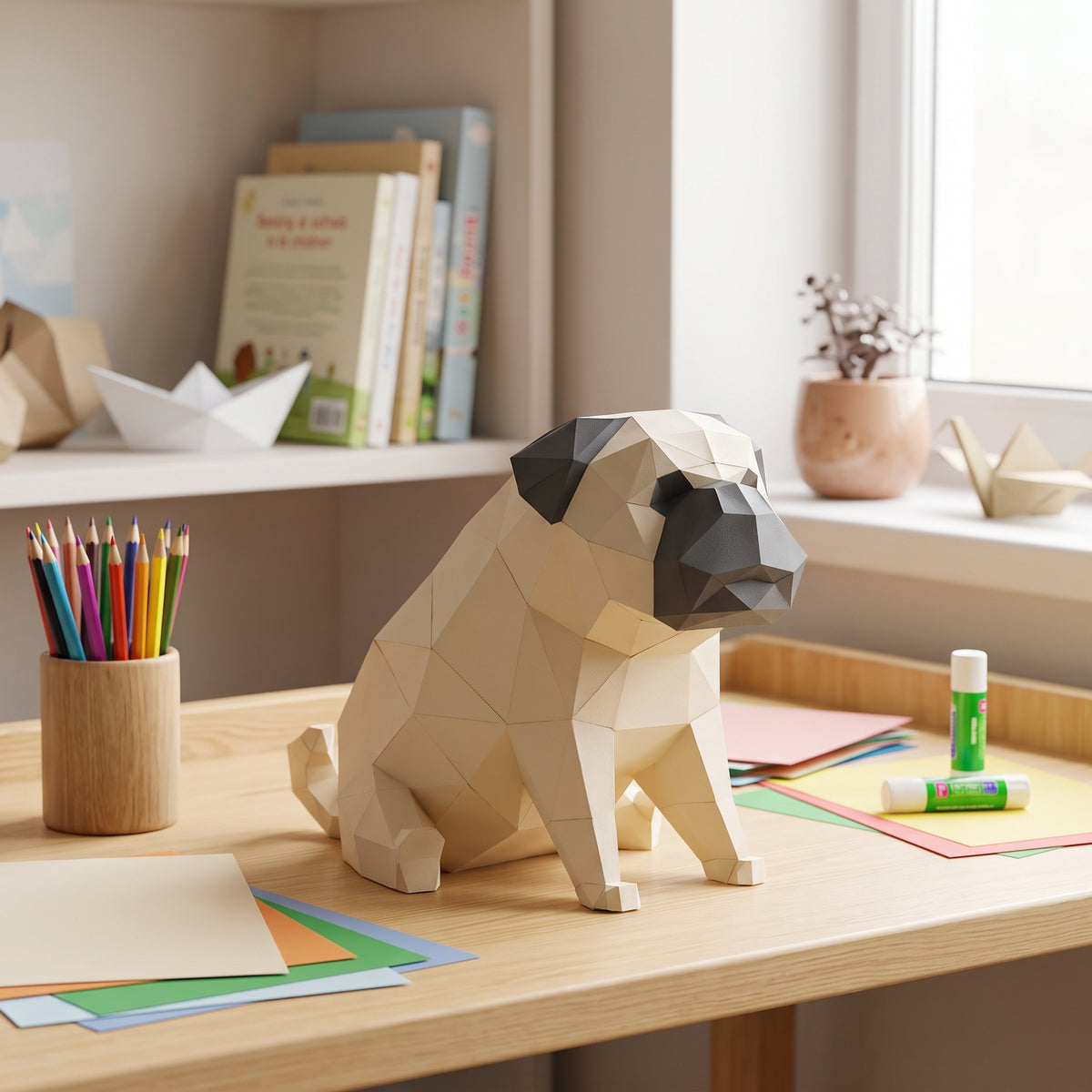 Paper Pug model in a kids' craft corner