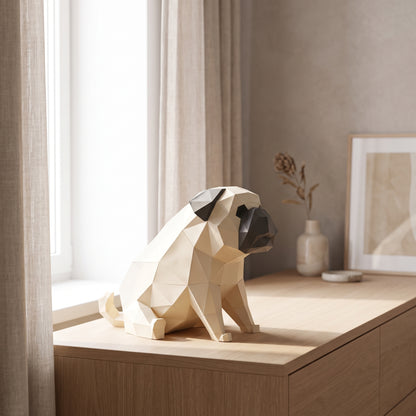 Paper Pug model on a table by the window
