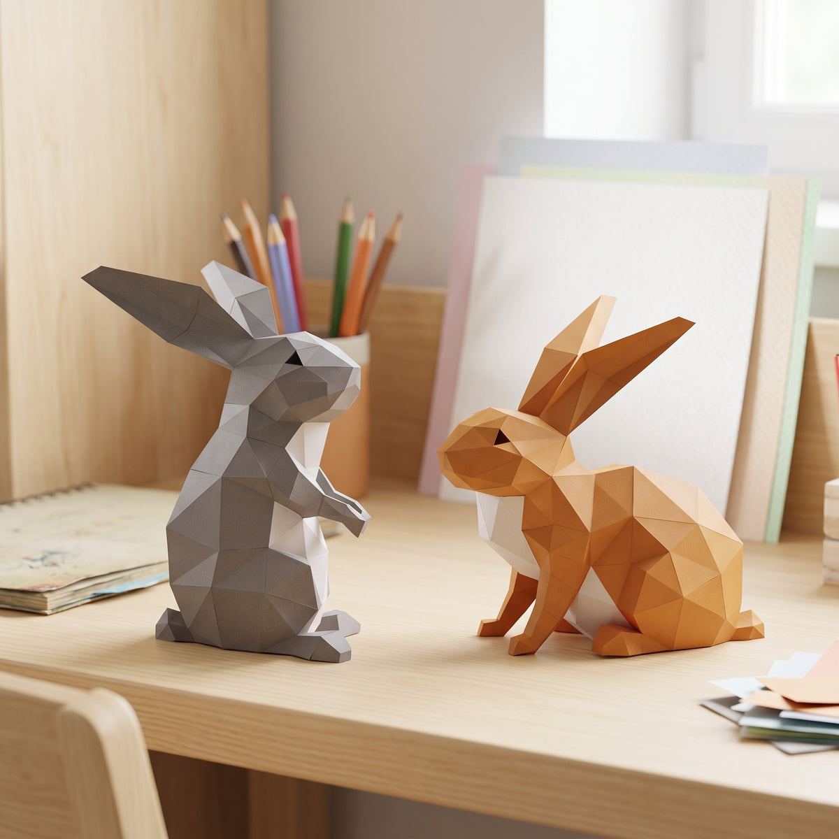 Paper Rabbits model in a kids' craft corner