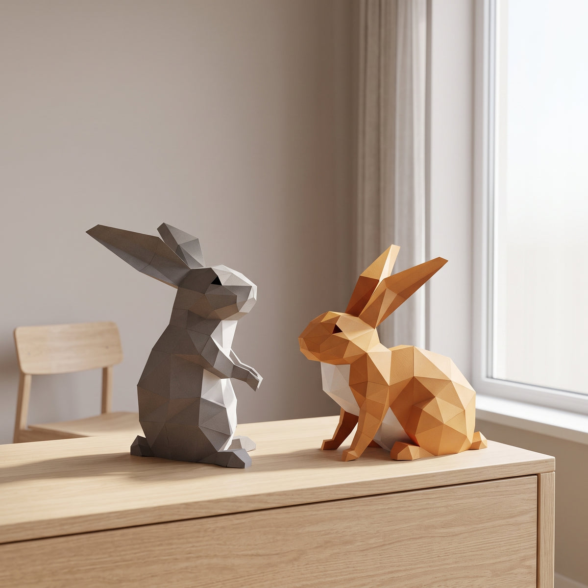 Paper Rabbits model on a table by the window