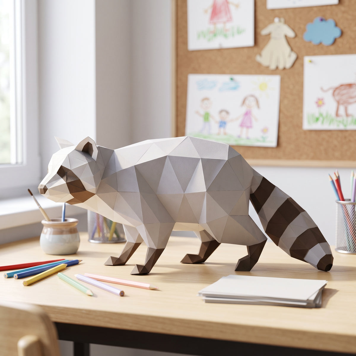 Paper Raccoon model in a kids' craft corner