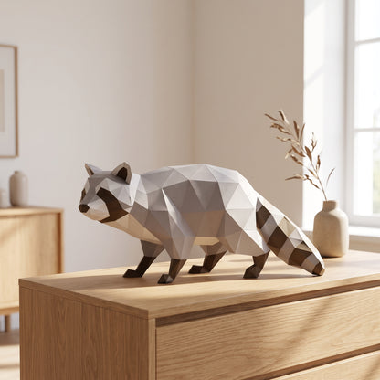Paper Raccoon model on a table by the window