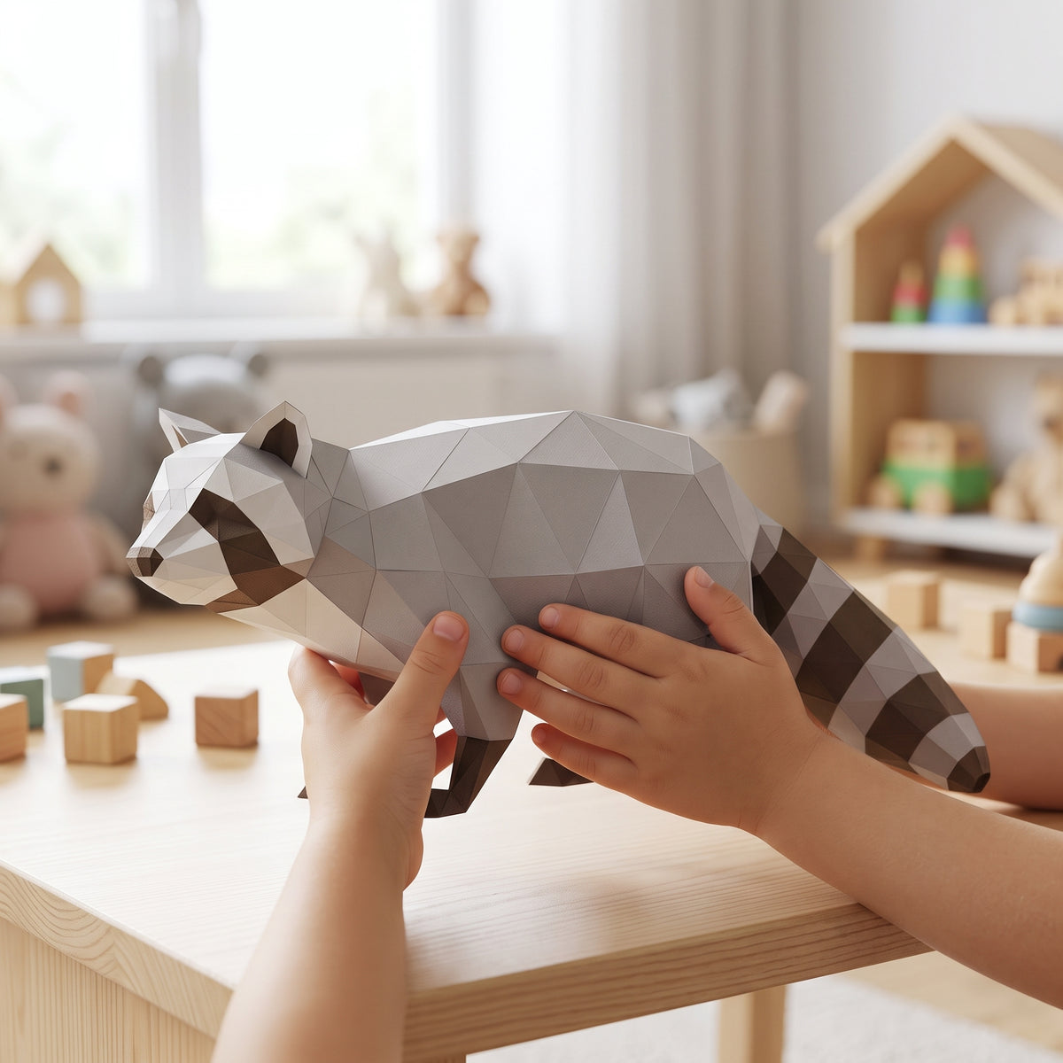 Paper Raccoon model in a child's hands