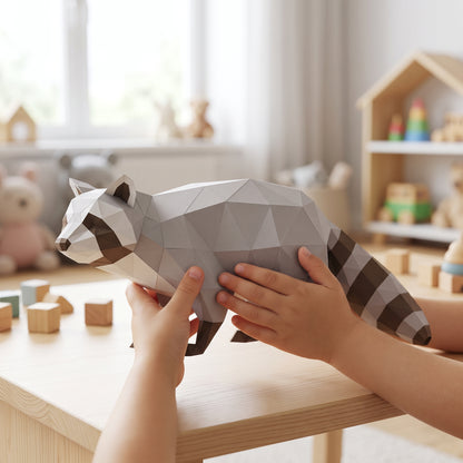 Paper Raccoon model in a child's hands
