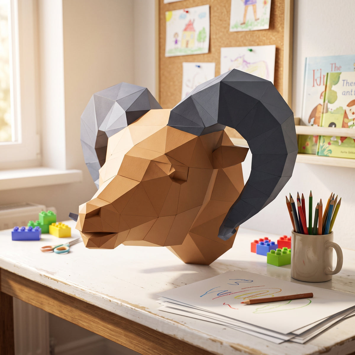 Paper Ram Head model in a kids' craft corner