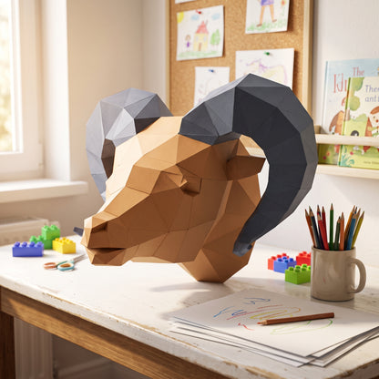 Paper Ram Head model in a kids' craft corner