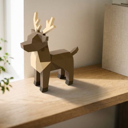 Paper Reindeer model on a bookshelf