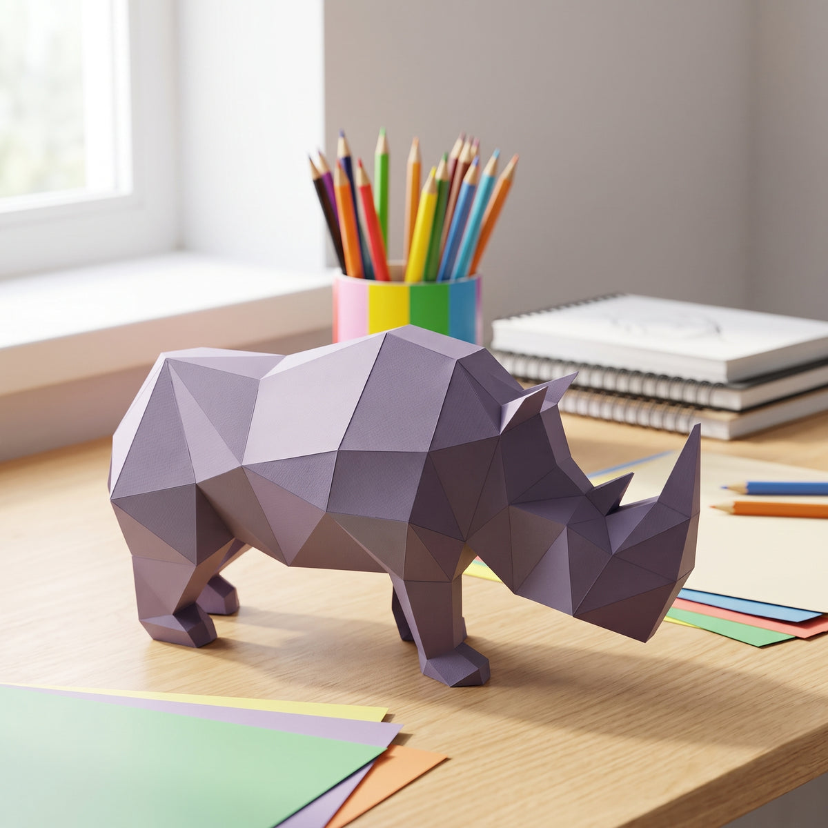 Paper Rhino model in a kids' craft corner
