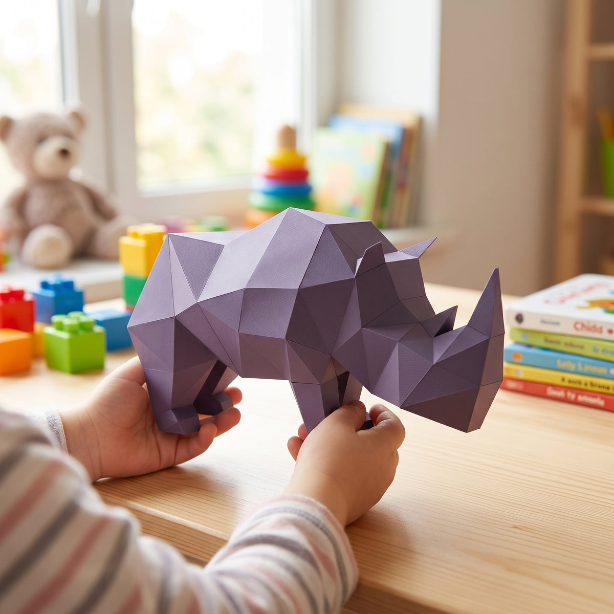 Paper Rhino model in a child's hands