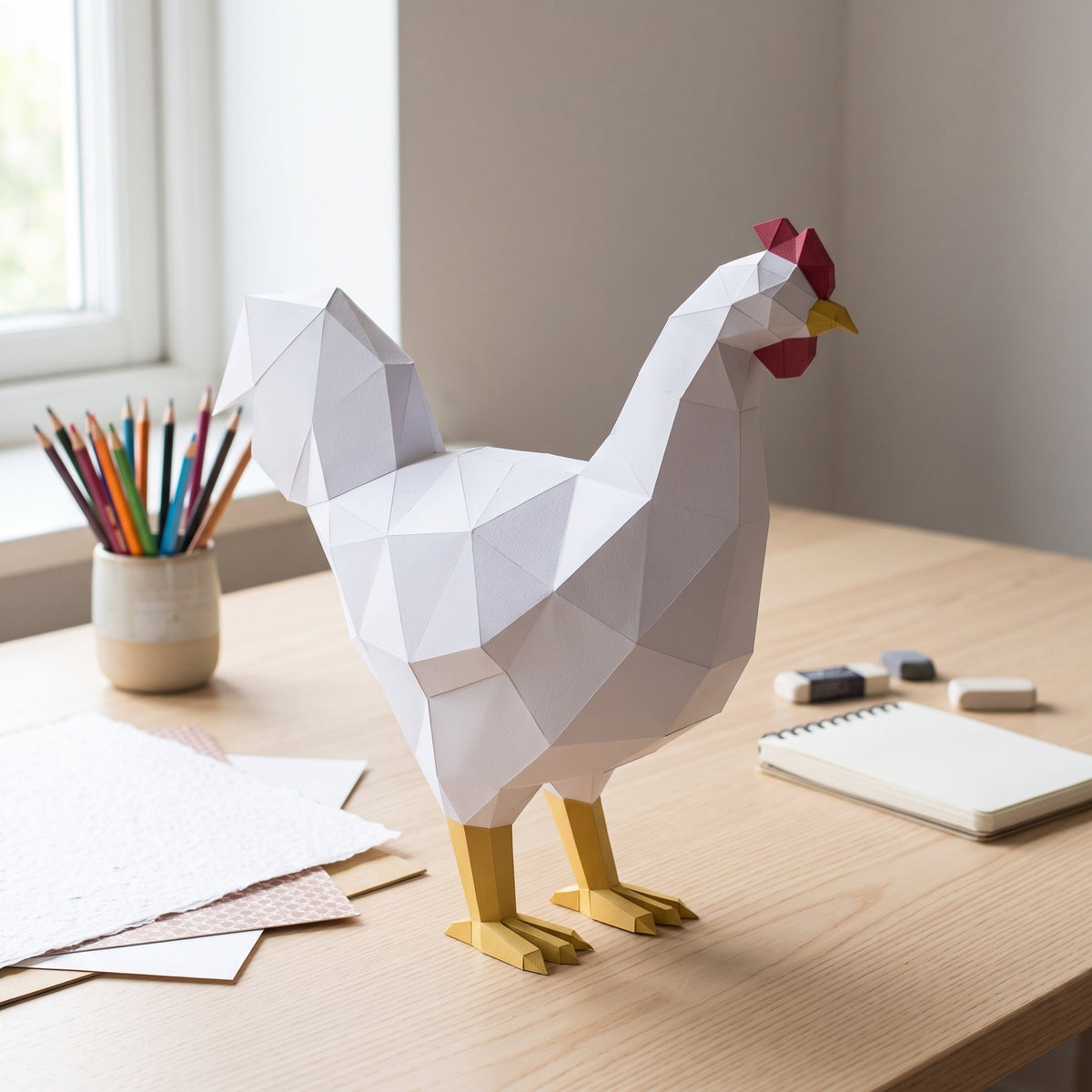 Paper Rooster model in a kids' craft corner