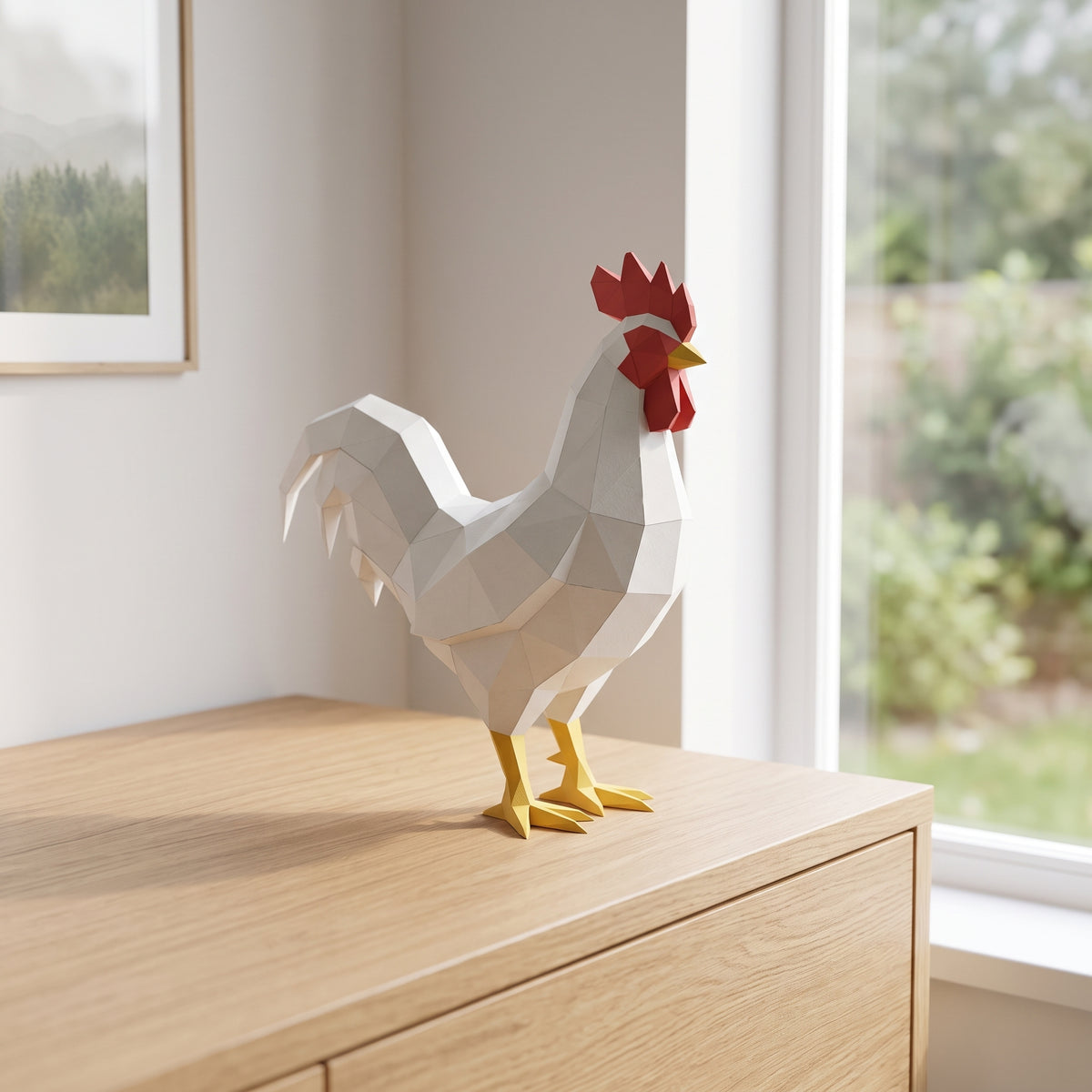 Paper Rooster model on a table by the window