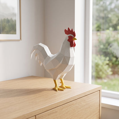 Paper Rooster model on a table by the window