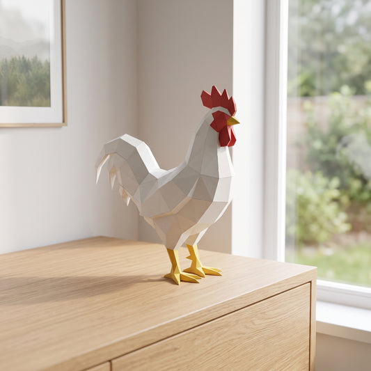 Paper Rooster model on a table by the window