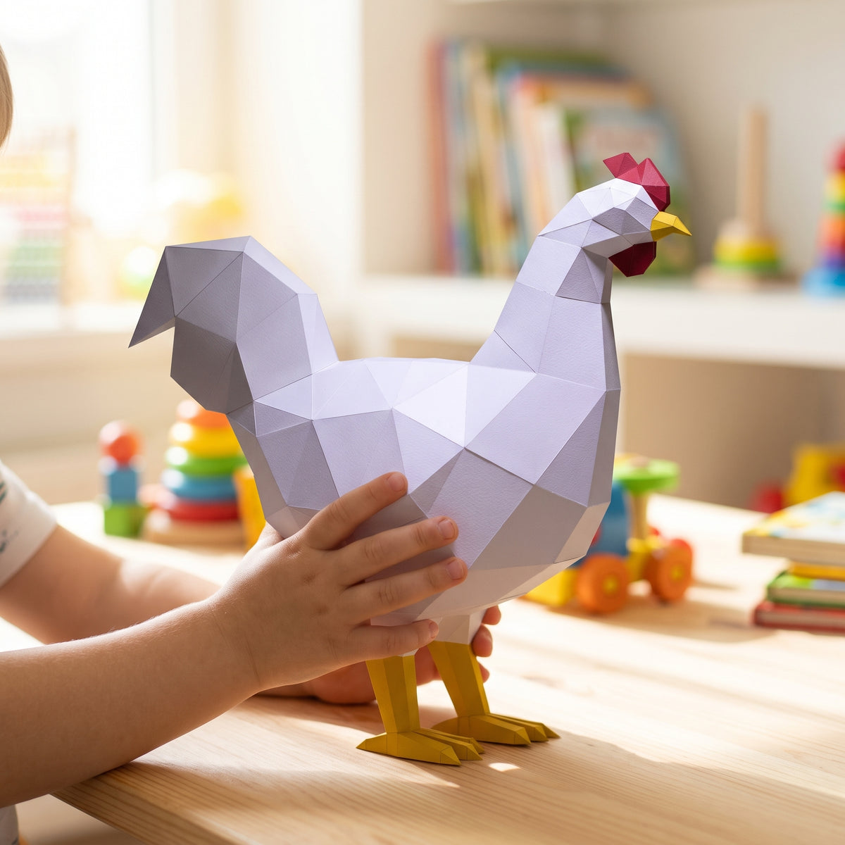 Paper Rooster model in a child's hands