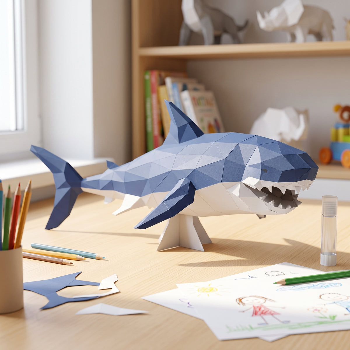Paper Shark model in a kids' craft corner