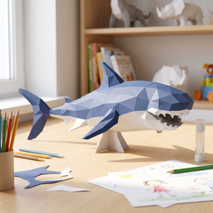Paper Shark model in a kids' craft corner