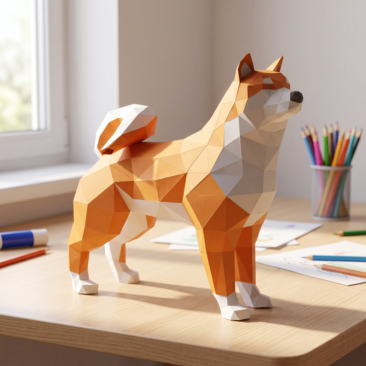 Paper Shiba model in a kids' craft corner