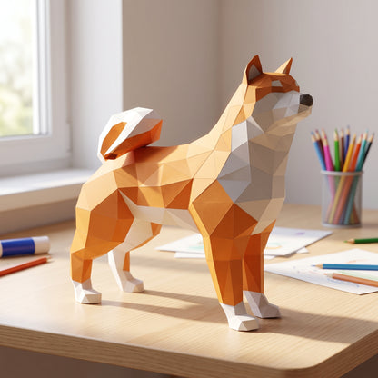 Paper Shiba model in a kids' craft corner