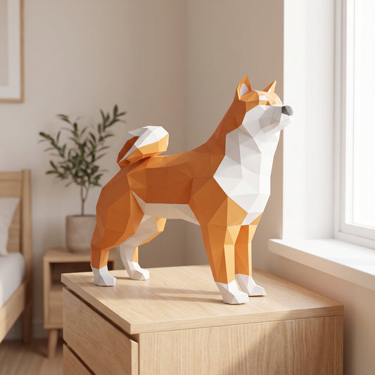 Paper Shiba model on a table by the window