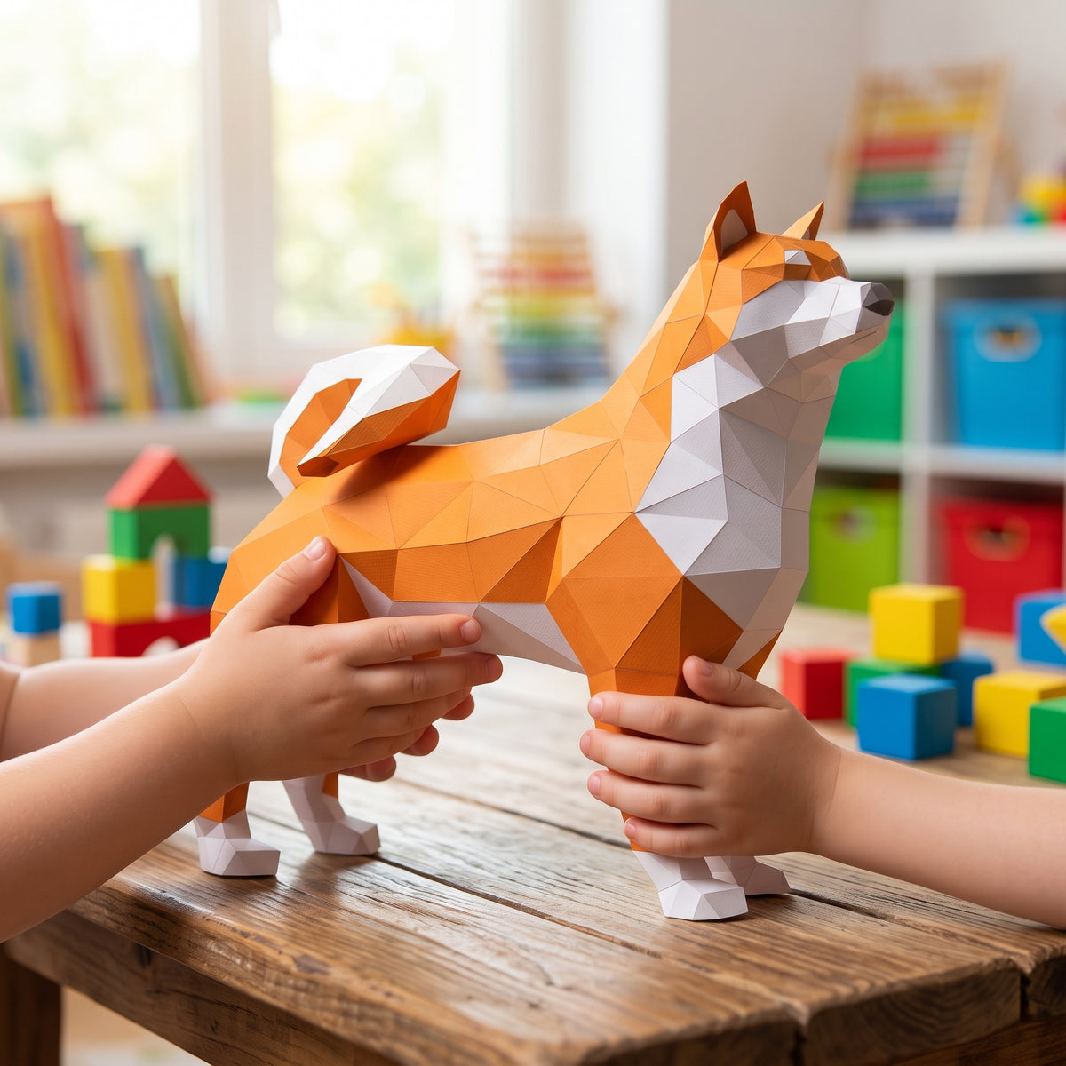 Paper Shiba model in a child's hands