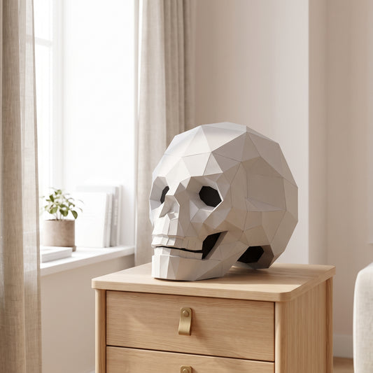 Paper Skull model on a table by the window