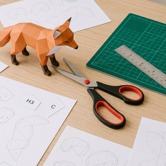 Stainless Steel Scissors on a craft desk with a paper model