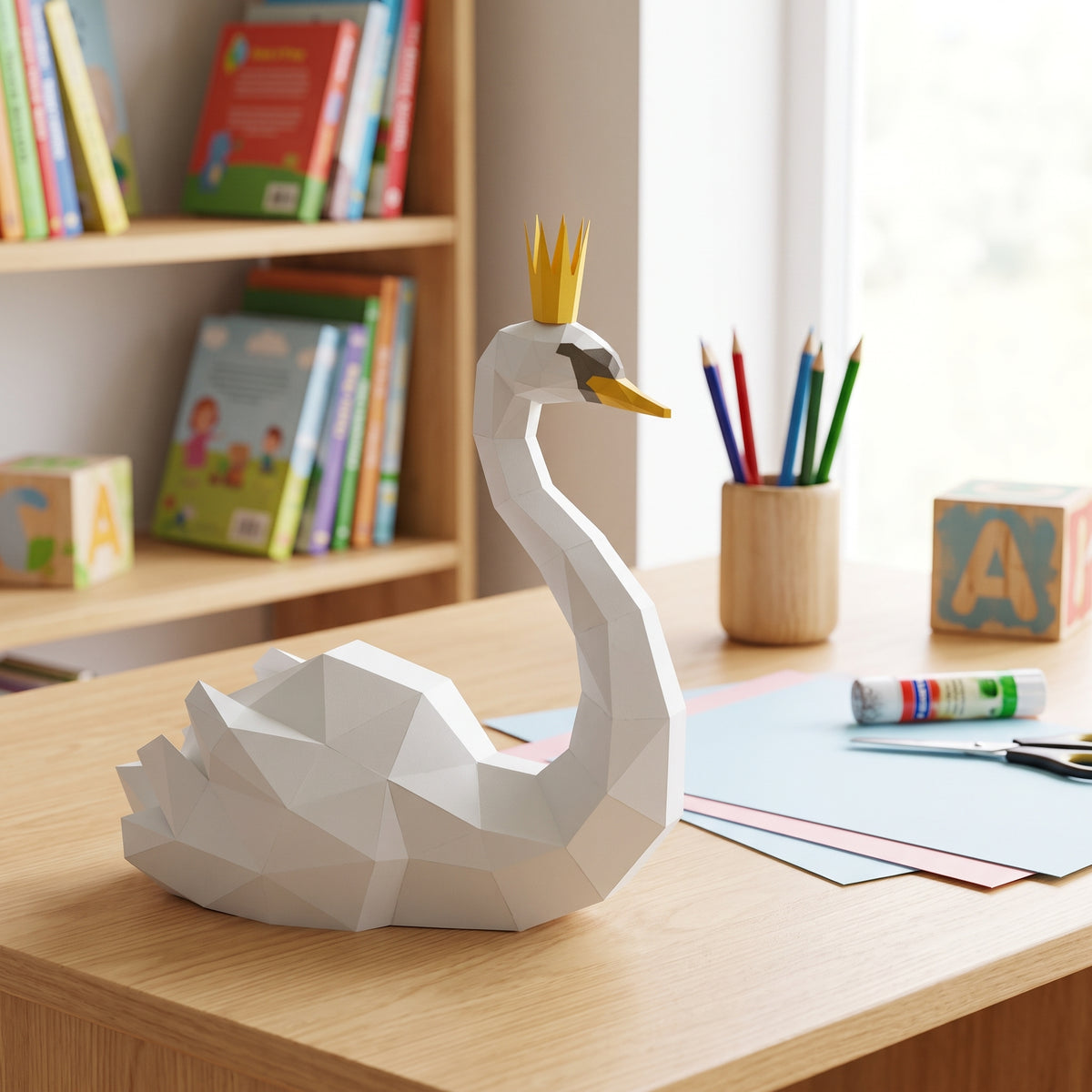 Paper Swan model in a kids' craft corner