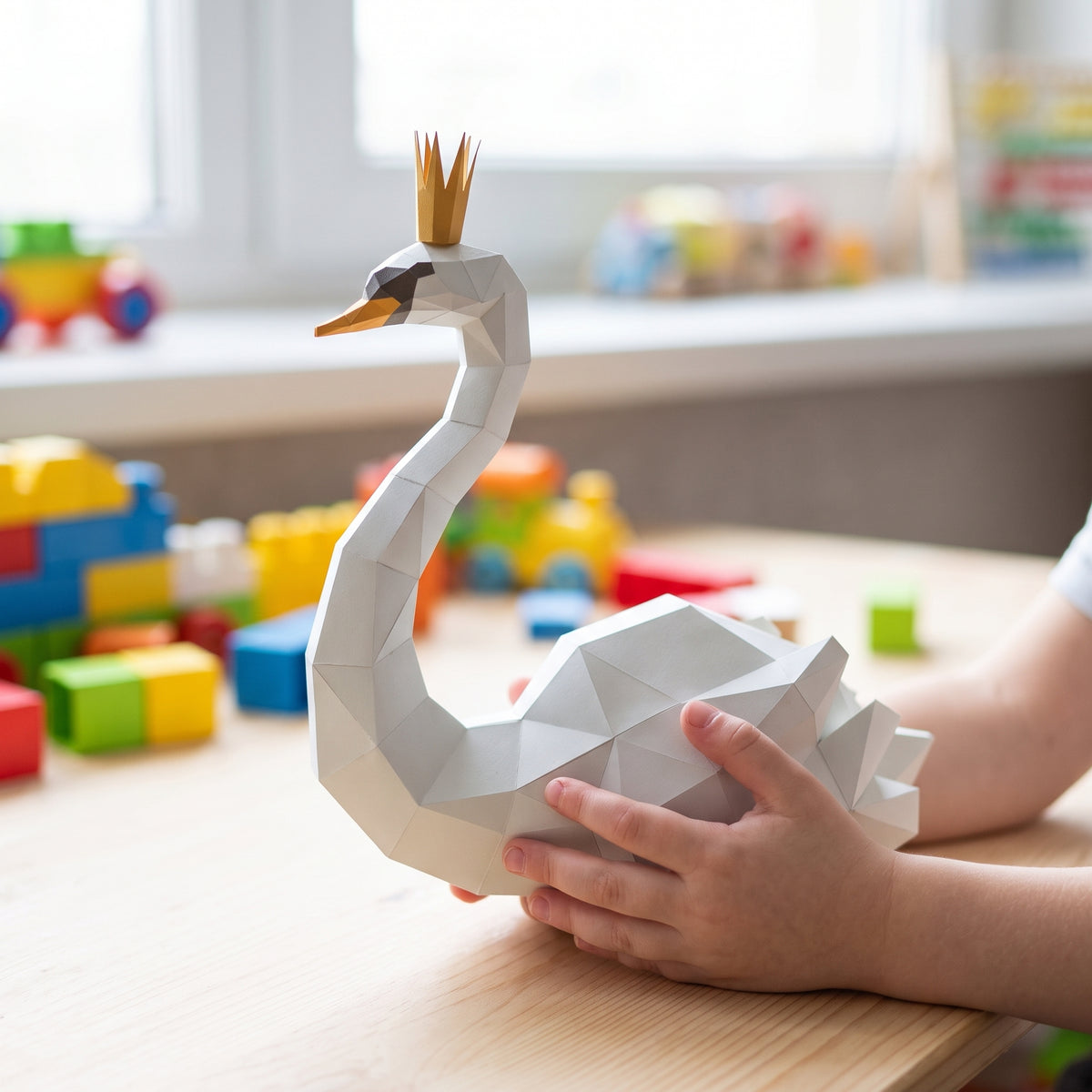 Paper Swan model in a child's hands