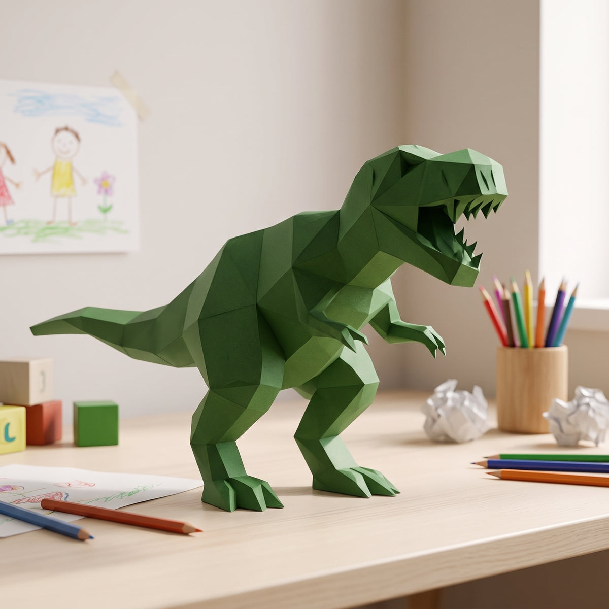 Paper T-Rex model in a kids' craft corner