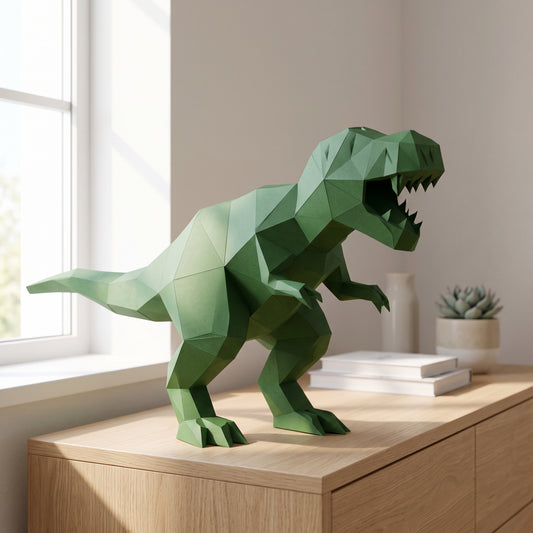Paper T-Rex model on a table by the window