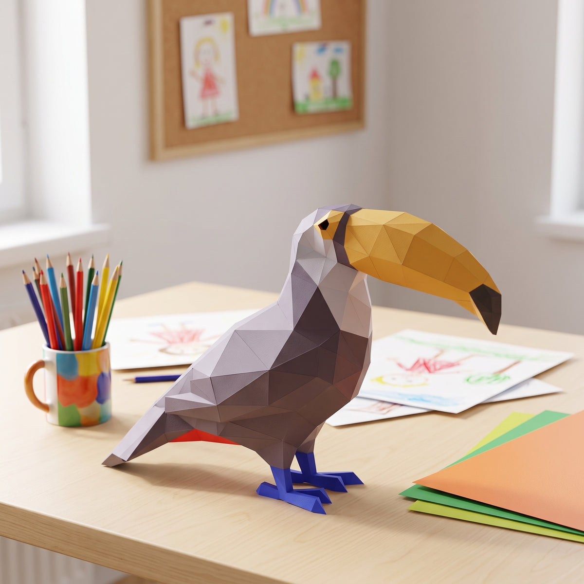 Paper Toucan model in a kids' craft corner