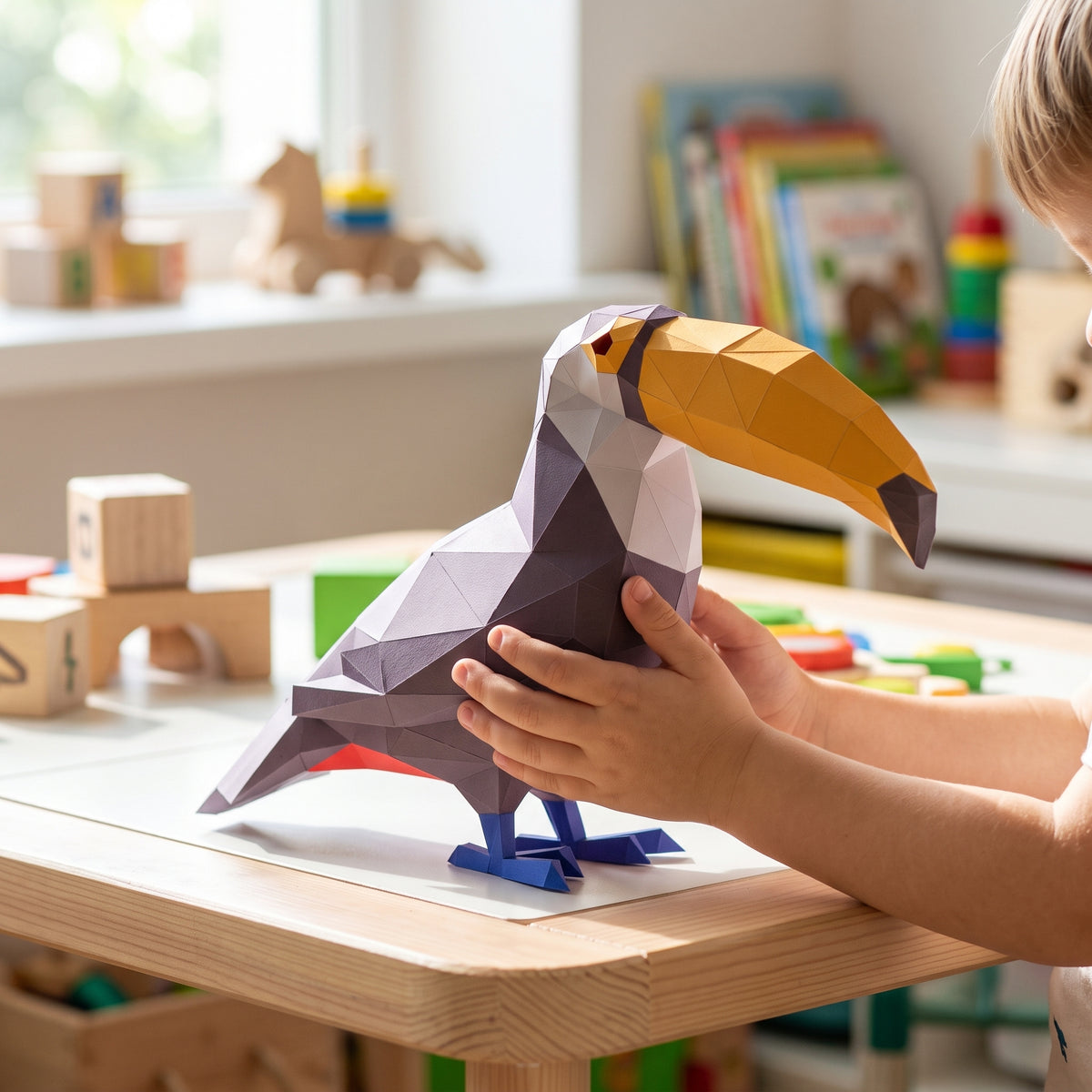 Paper Toucan model in a child's hands