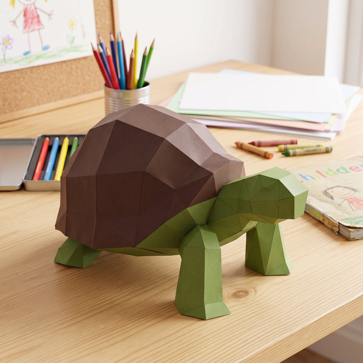 Paper Turtle model in a kids' craft corner