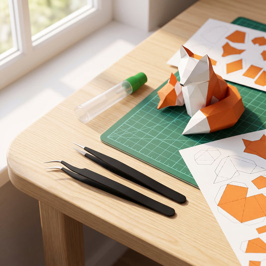 Tweezers Set on a craft desk with a paper model