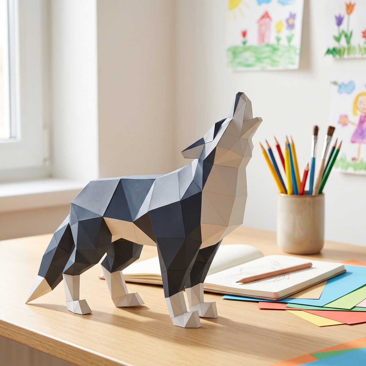 Paper Wolf model in a kids' craft corner