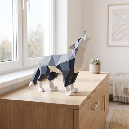 Paper Wolf model on a table by the window